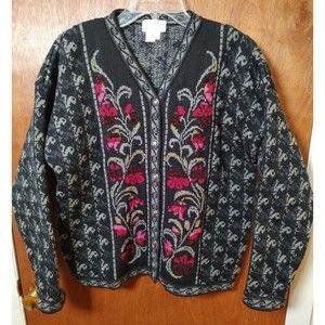 Vintage Cherry Lewis size L 100% wool cardigan England red floral fleur de lis
